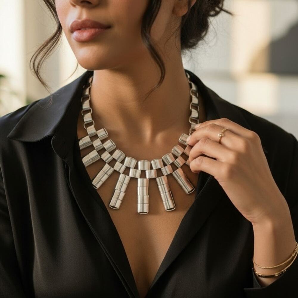Unbranded Silver Tone Heavy Statement Necklace Geometric Bar Fringe 118g